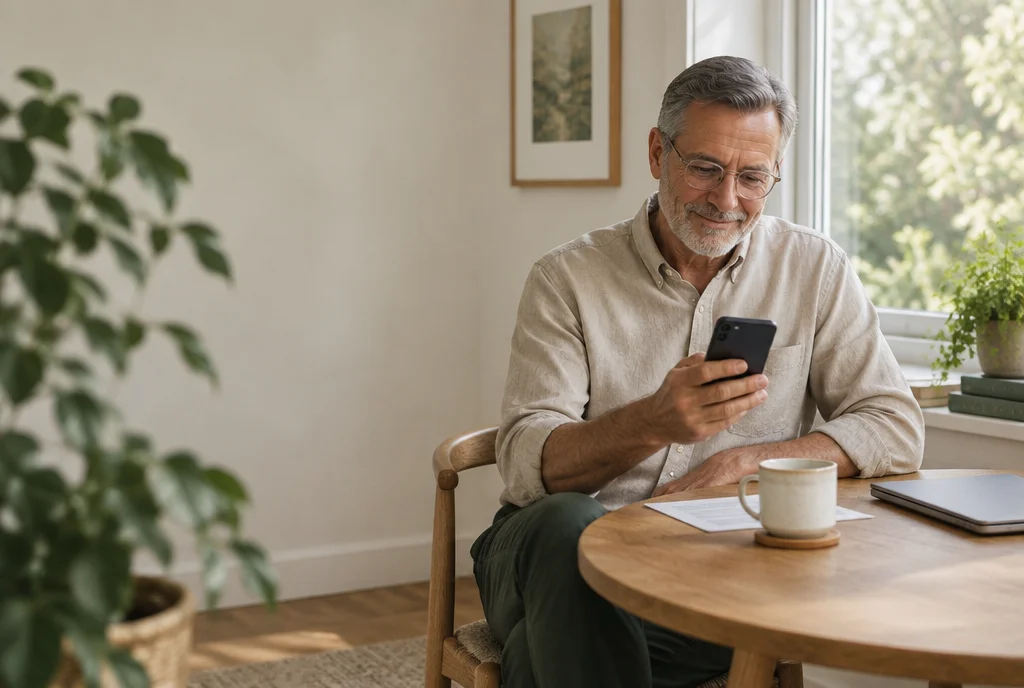 A man at home reading an explanation on his phone